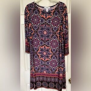 Purple and Blue Midi Dress with 3/4 Sleeves and Crew Neck